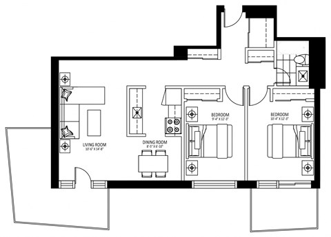 Floor plan for 2 beds, 1 bath, 820 sqft